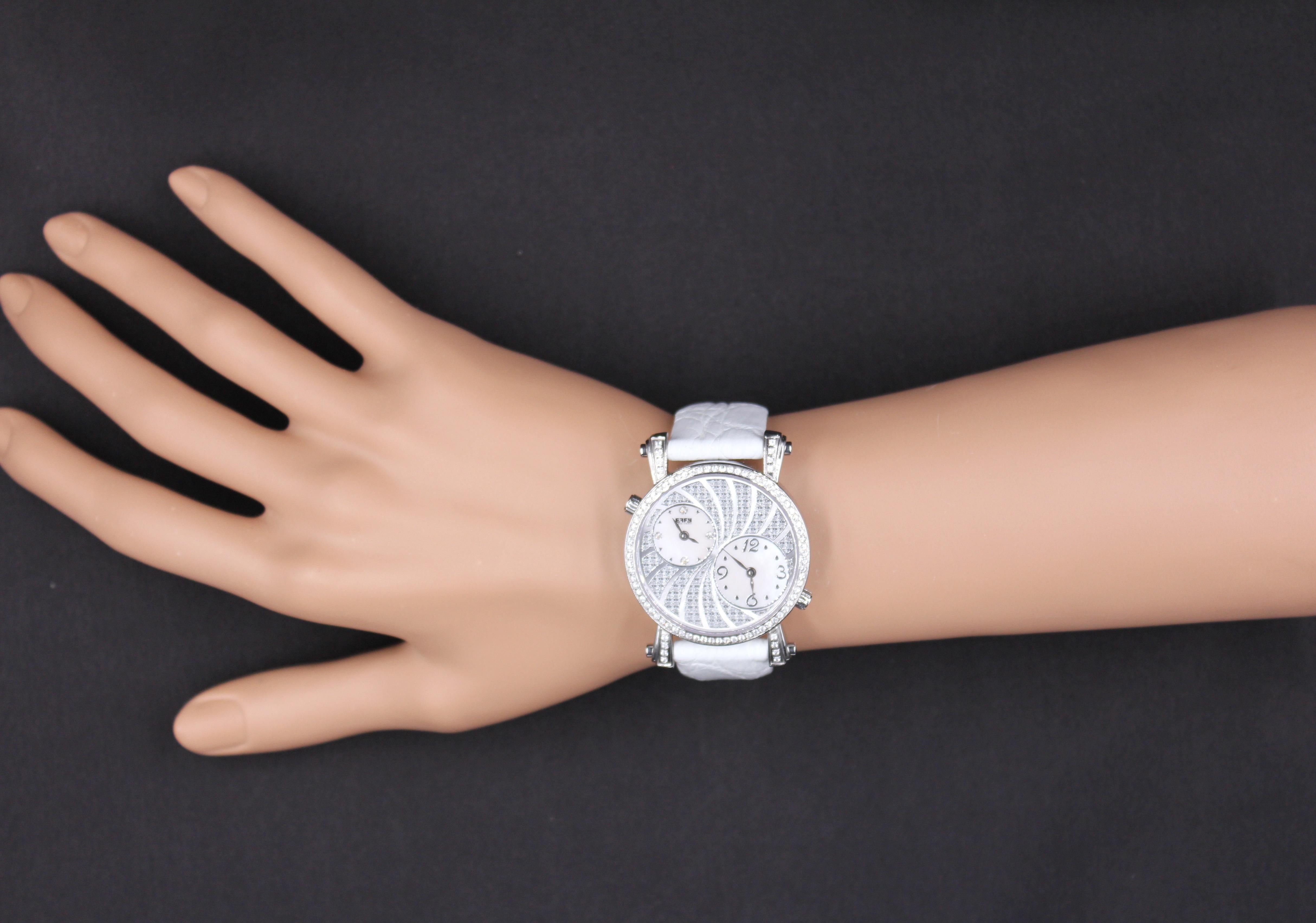 Weiße Saphire Pave Zifferblatt Luxus Schweizer Quarz Exotische Lederband Uhr im Zustand „Neu“ im Angebot in Oakton, VA
