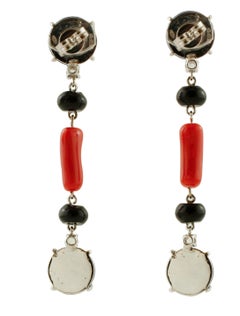 White Sapphires, Coral, Onyx, Kyanite, 14 Karat White Gold Drop Earrings