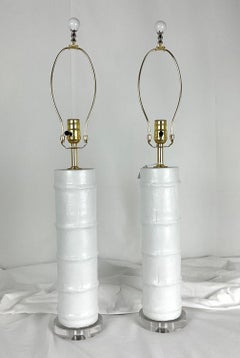 White Satin Enamel Metal Faux Bamboo Lamps with Lucite Bases