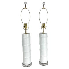 White Satin Enamel Metal Faux Bamboo Lamps with Lucite Bases