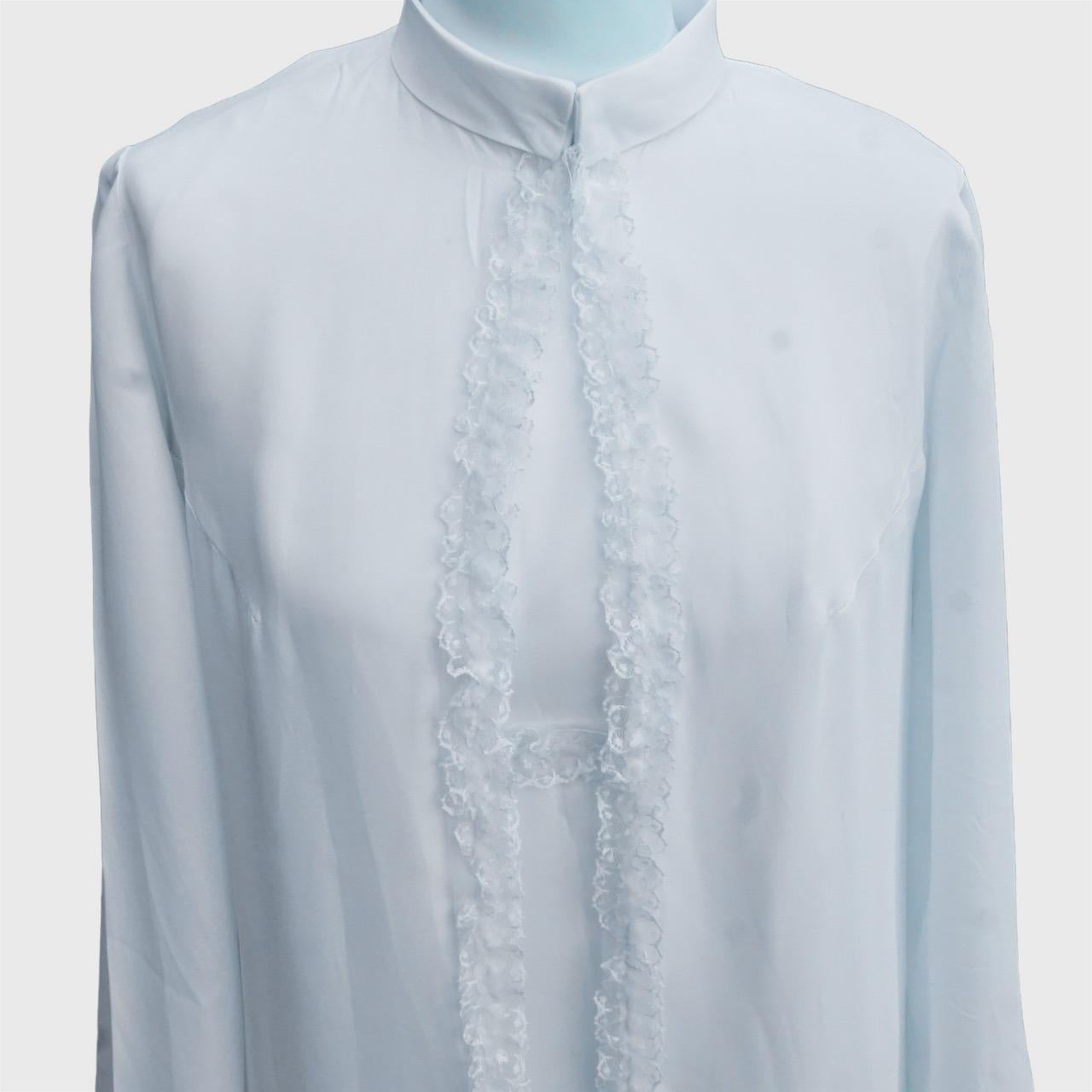Lovely white satin sleeveless wedding dress and matching long sleeved coat with lace trimming, dating to the 1960s. The satin is low sheen.

The sleeveless dress is empire line with lace trimming, and is fully lined in an off white man made