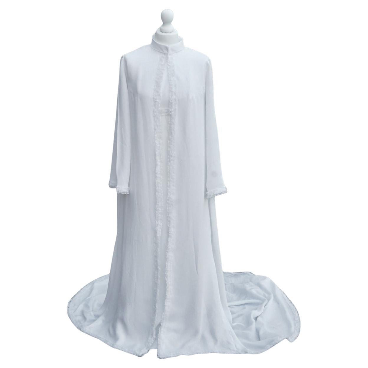 White Satin Wedding Dress and Coat with Lace Trimming 1960s For Sale