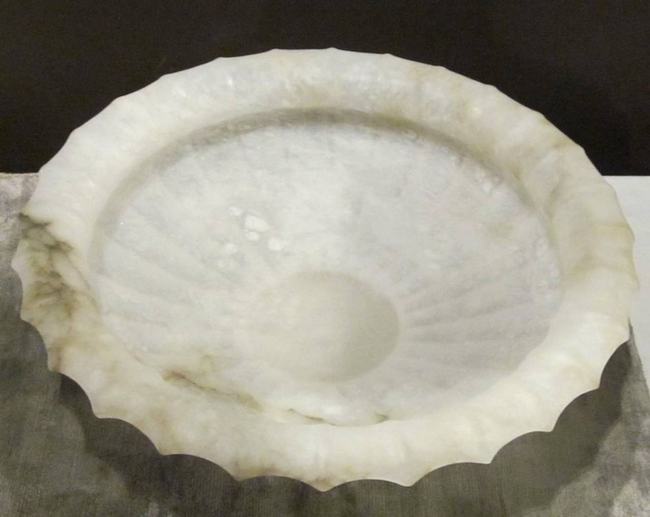 Italian White Scalloped Edge Large Alabaster Round Bowl, Italy, Contemporary For Sale