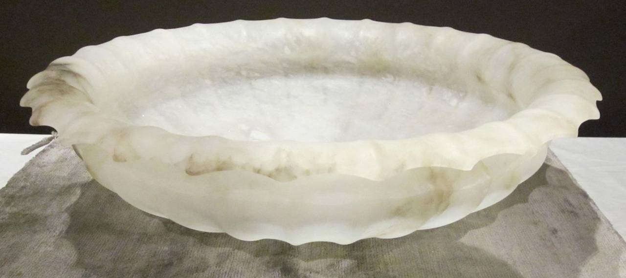 White Scalloped Edge Large Alabaster Round Bowl, Italy, Contemporary For Sale 1