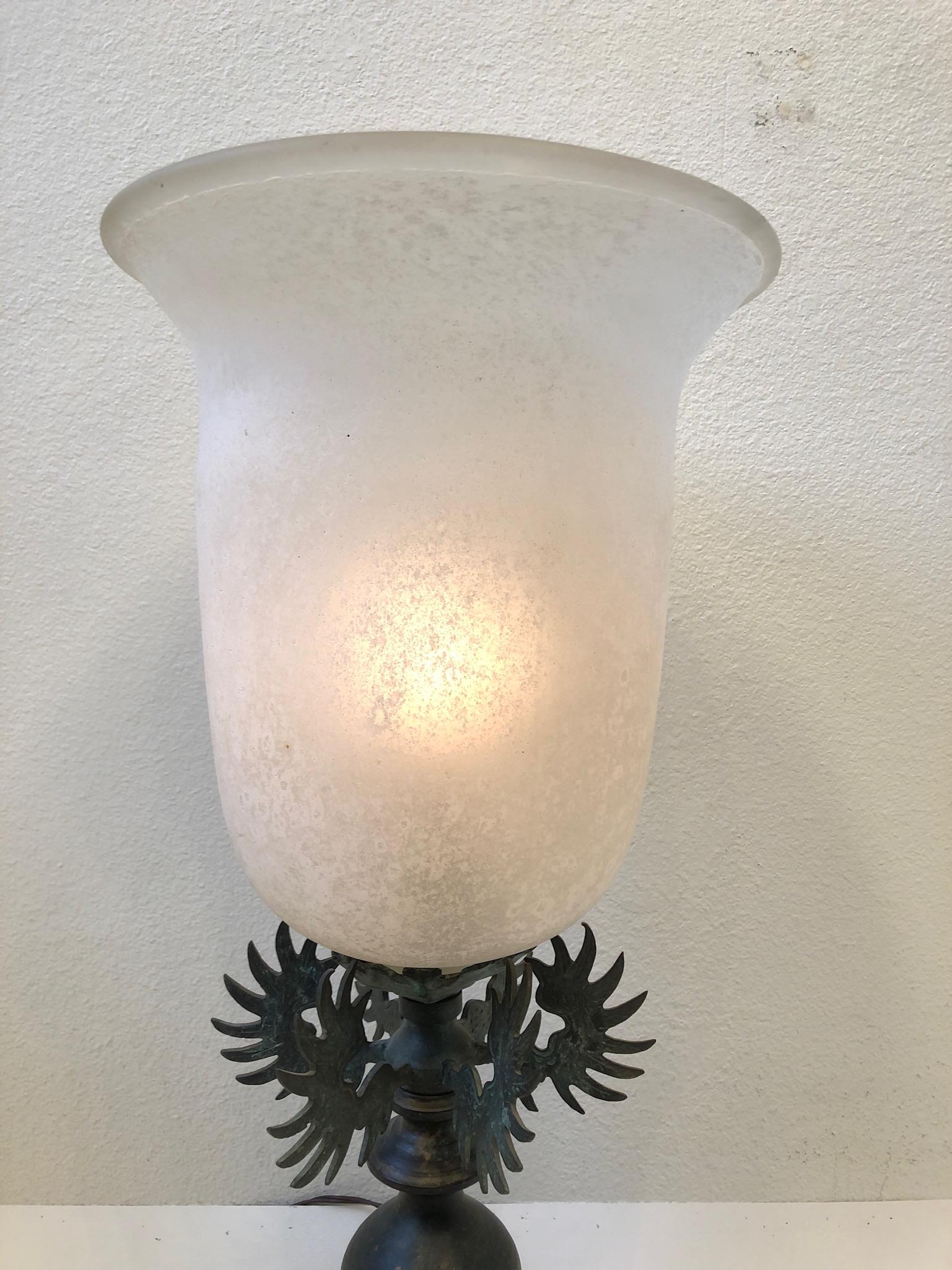 Italian White Scavo Murano Glass and Bronze Table Lamp For Sale