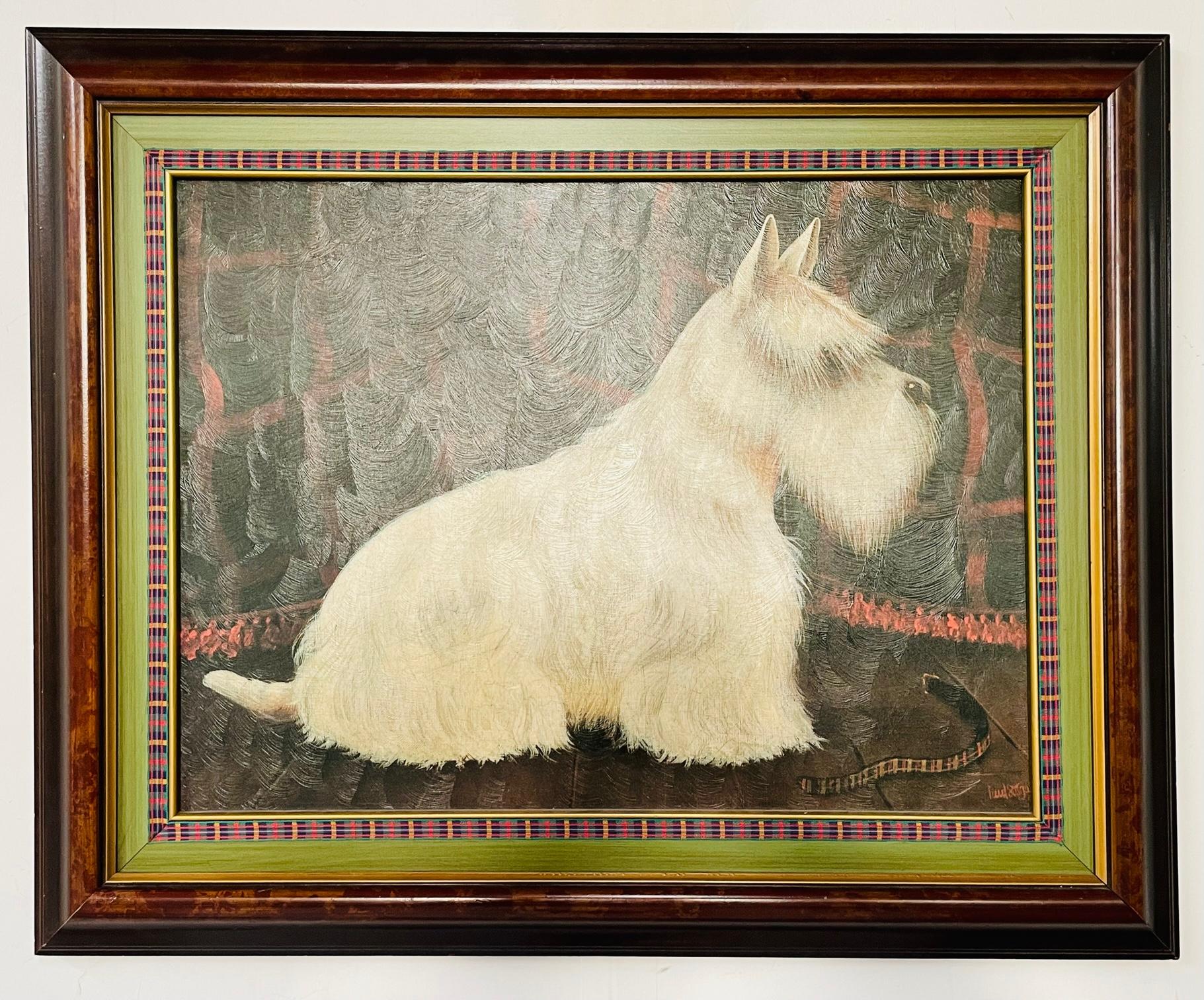 An oil on canvas portrait painting of a white Scottish Terrier dog by British artist Paul Stagg. The painting depicts a white Scotty terrier in a tartan draped interior with the tartan collar on the floor. The painting is presented in a quality