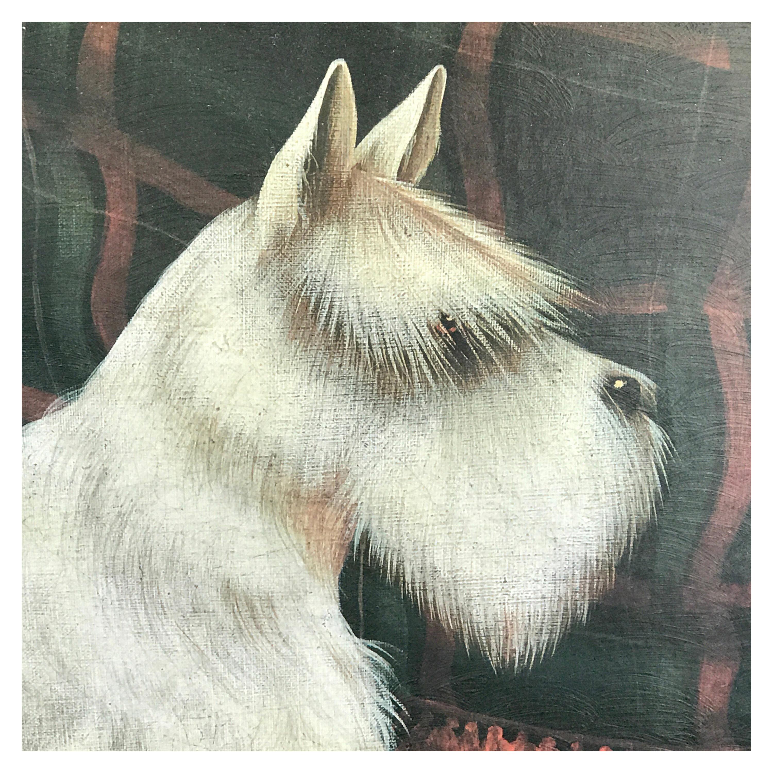 Tableau intérieur de Scottish Terrier blanc:: par Paul Stagg
Représentant un Scotty blanc dans un intérieur drapé de tartan avec le collier en tartan sur le sol
Mesures : 
Huile sur toile 18