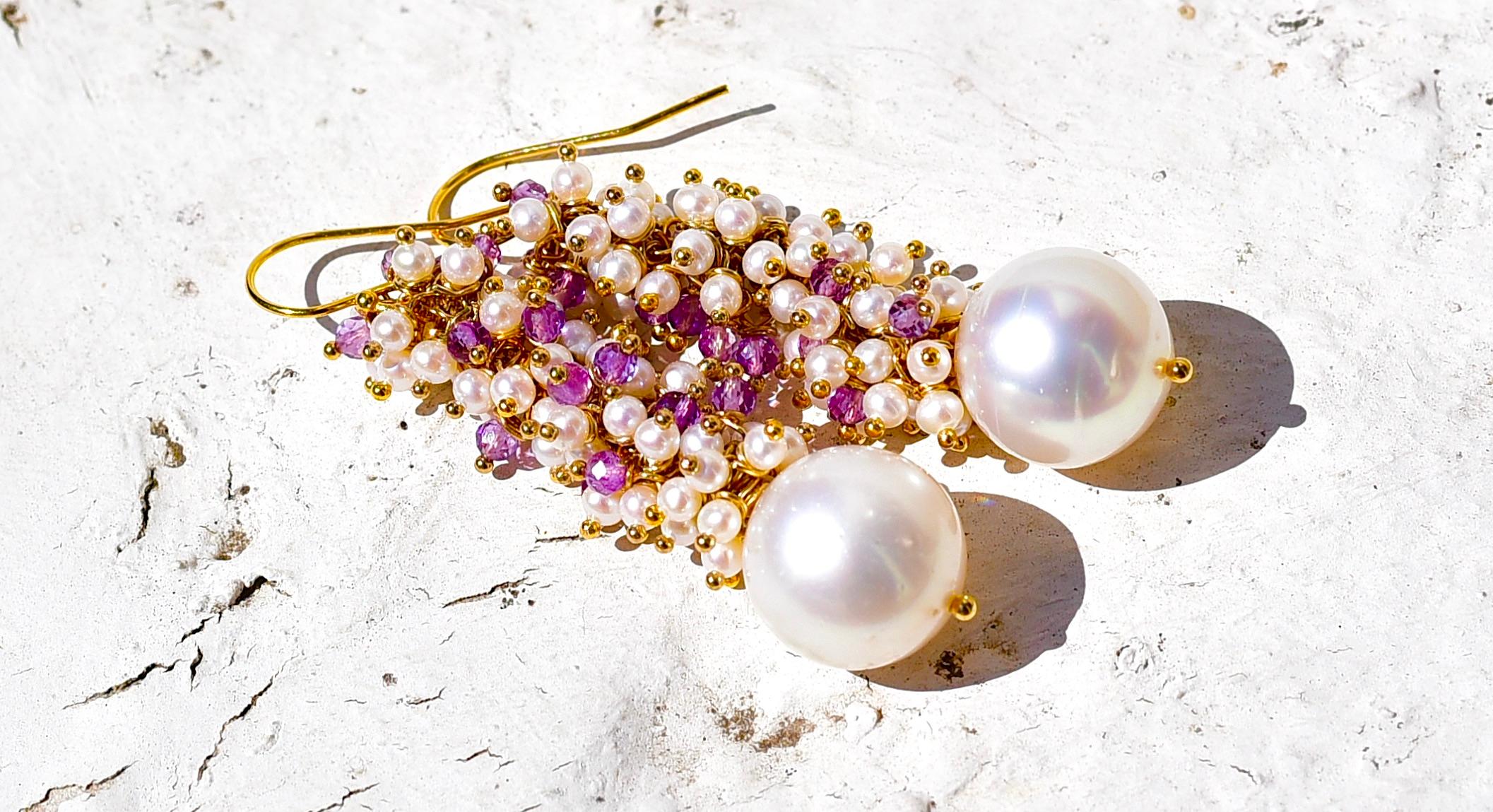 Artisan White Sea Cultured Pearl Earrings with Lavender Amethyst in 14K Yellow Gold For Sale