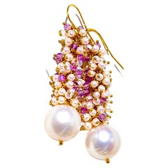 White Sea Cultured Pearl Earrings with Lavender Amethyst in 14K Yellow Gold