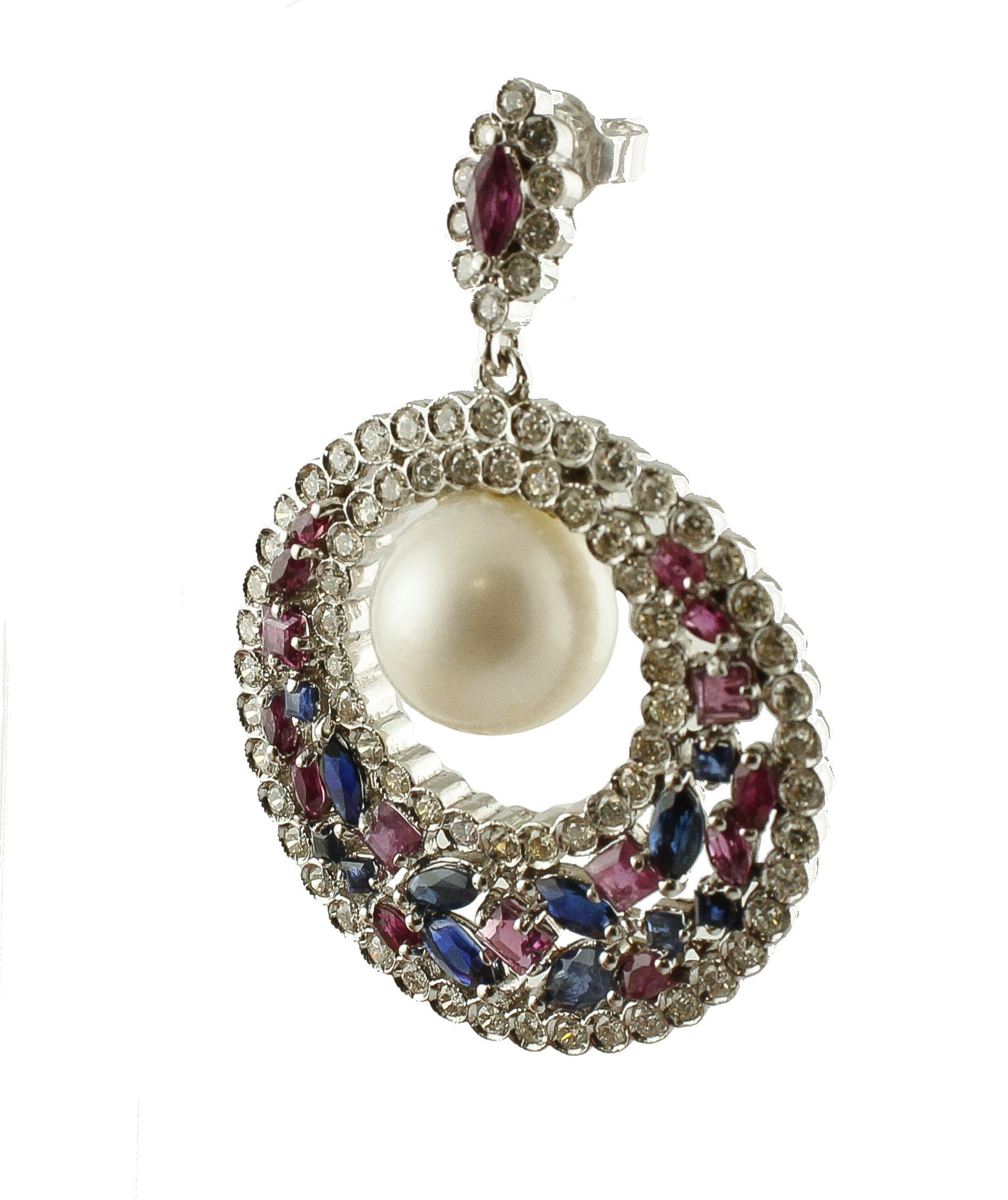 Retro White Sea Pearls, Diamonds, Rubies, Blue Sapphires, White Gold Dangle Earrings