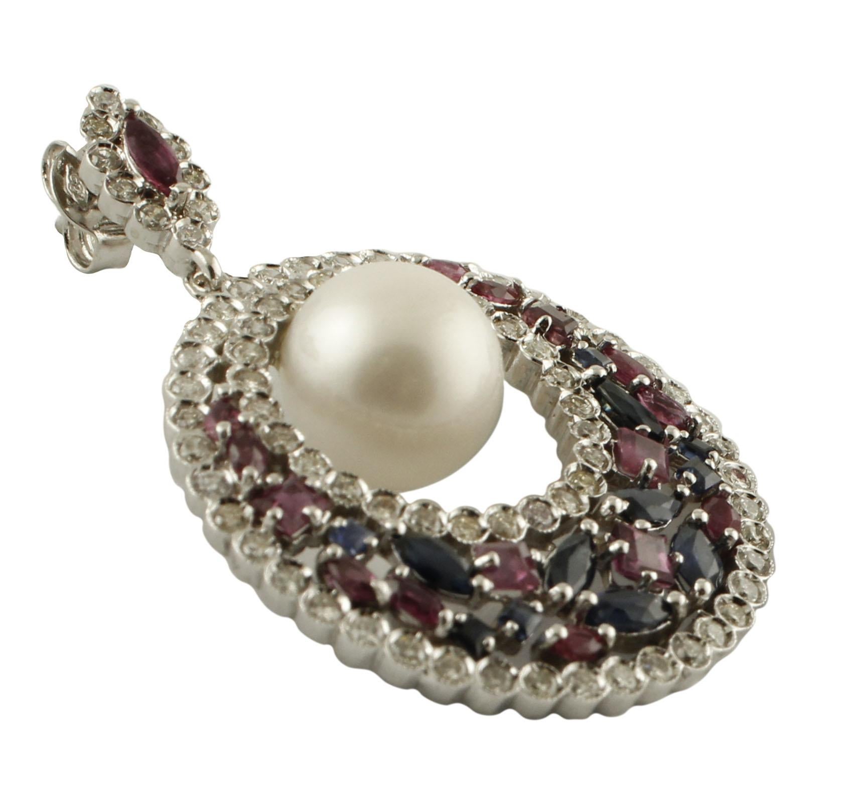 White Sea Pearls, Diamonds, Rubies, Blue Sapphires, White Gold Dangle Earrings In Excellent Condition In Marcianise, Marcianise (CE)