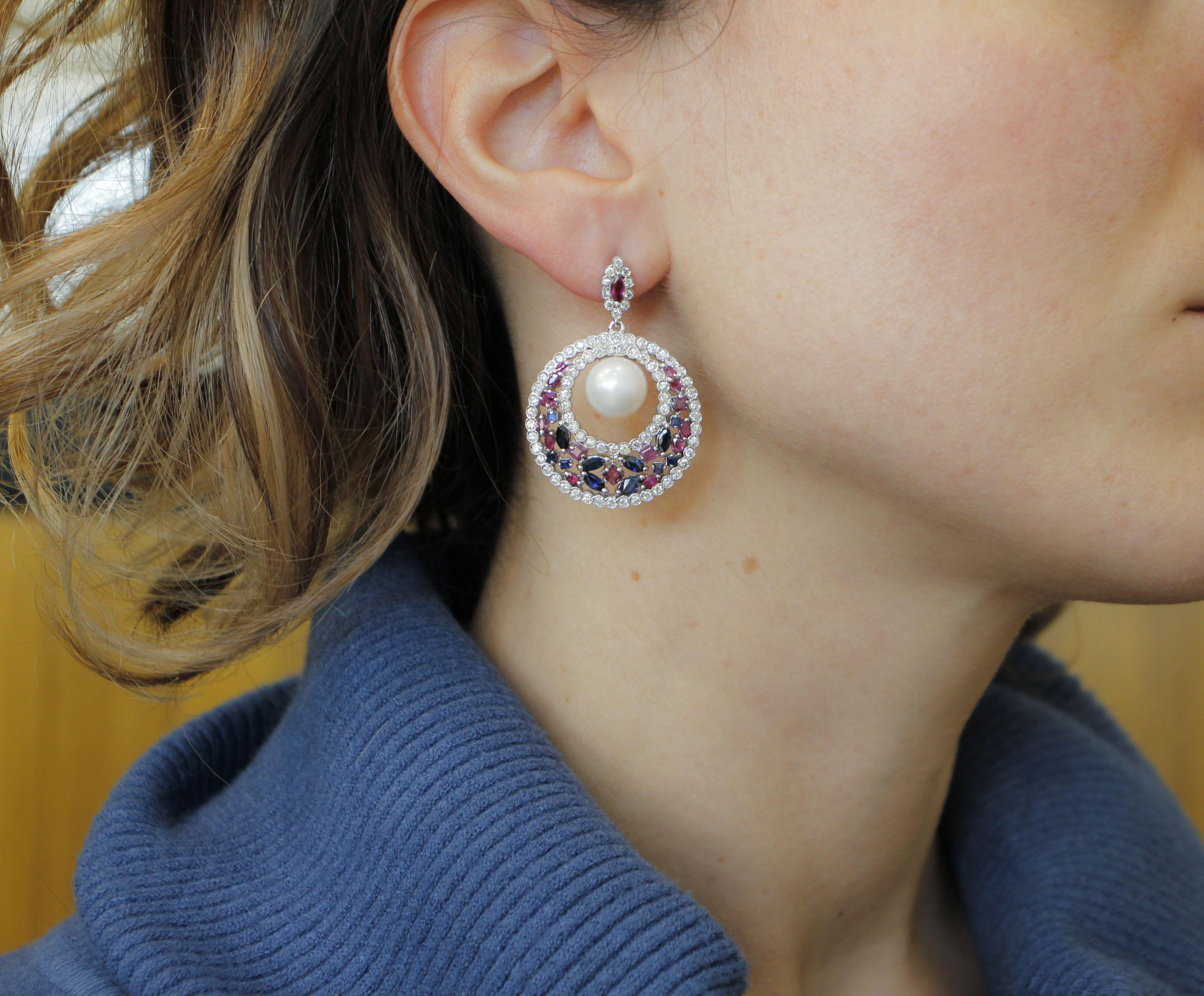 White Sea Pearls, Diamonds, Rubies, Blue Sapphires, White Gold Dangle Earrings 1