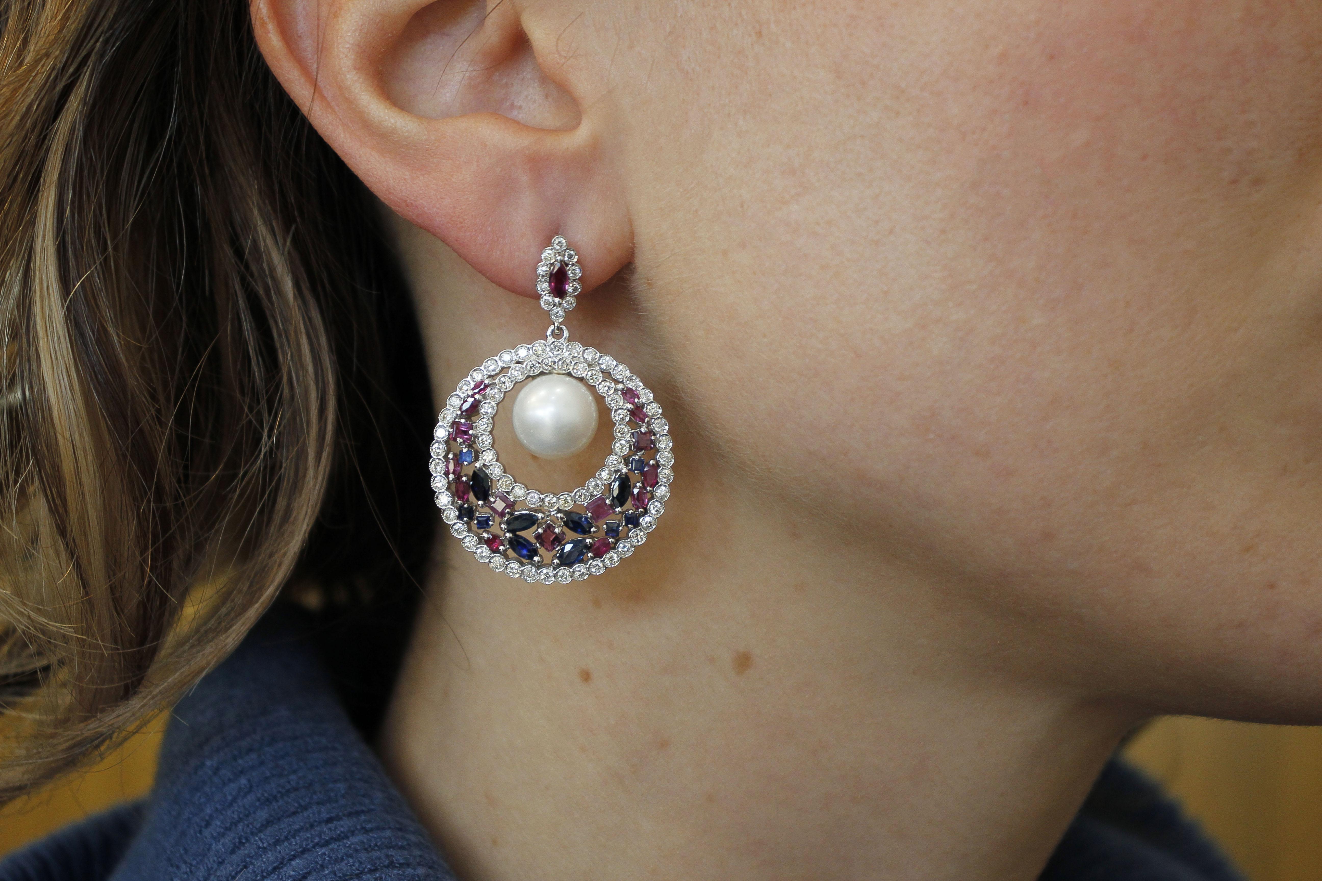 White Sea Pearls, Diamonds, Rubies, Blue Sapphires, White Gold Dangle Earrings 2
