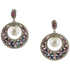 Vintage White Sea Pearls, Diamonds, Rubies, Blue Sapphires, White Gold Dangle Earrings