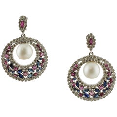 White Sea Pearls, Diamonds, Rubies, Blue Sapphires, White Gold Dangle Earrings