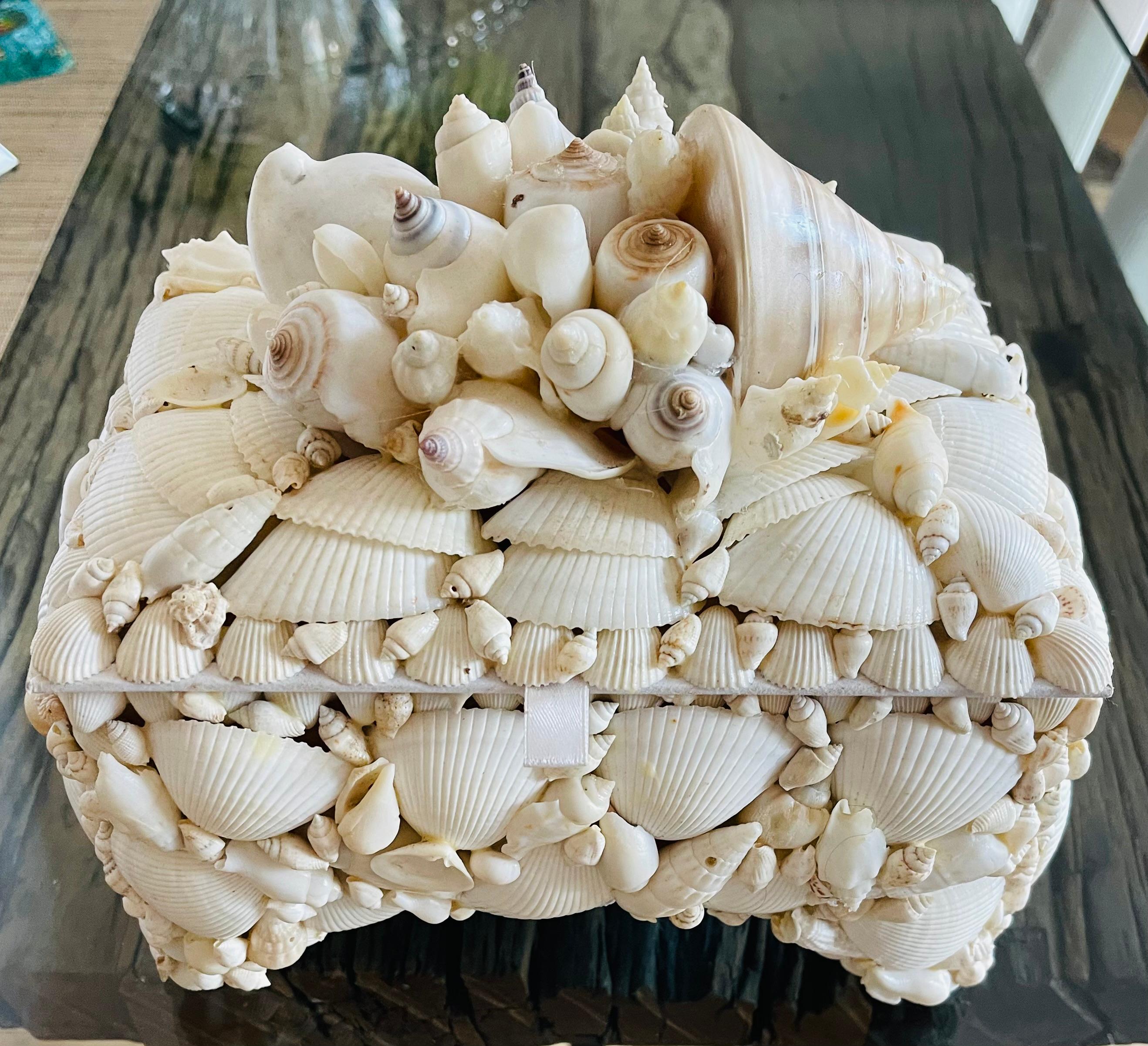 White natural sea shells encrusted treasure box in Redmille  style. Great sea shells selection. Wonderful  decor piece or a great gift.