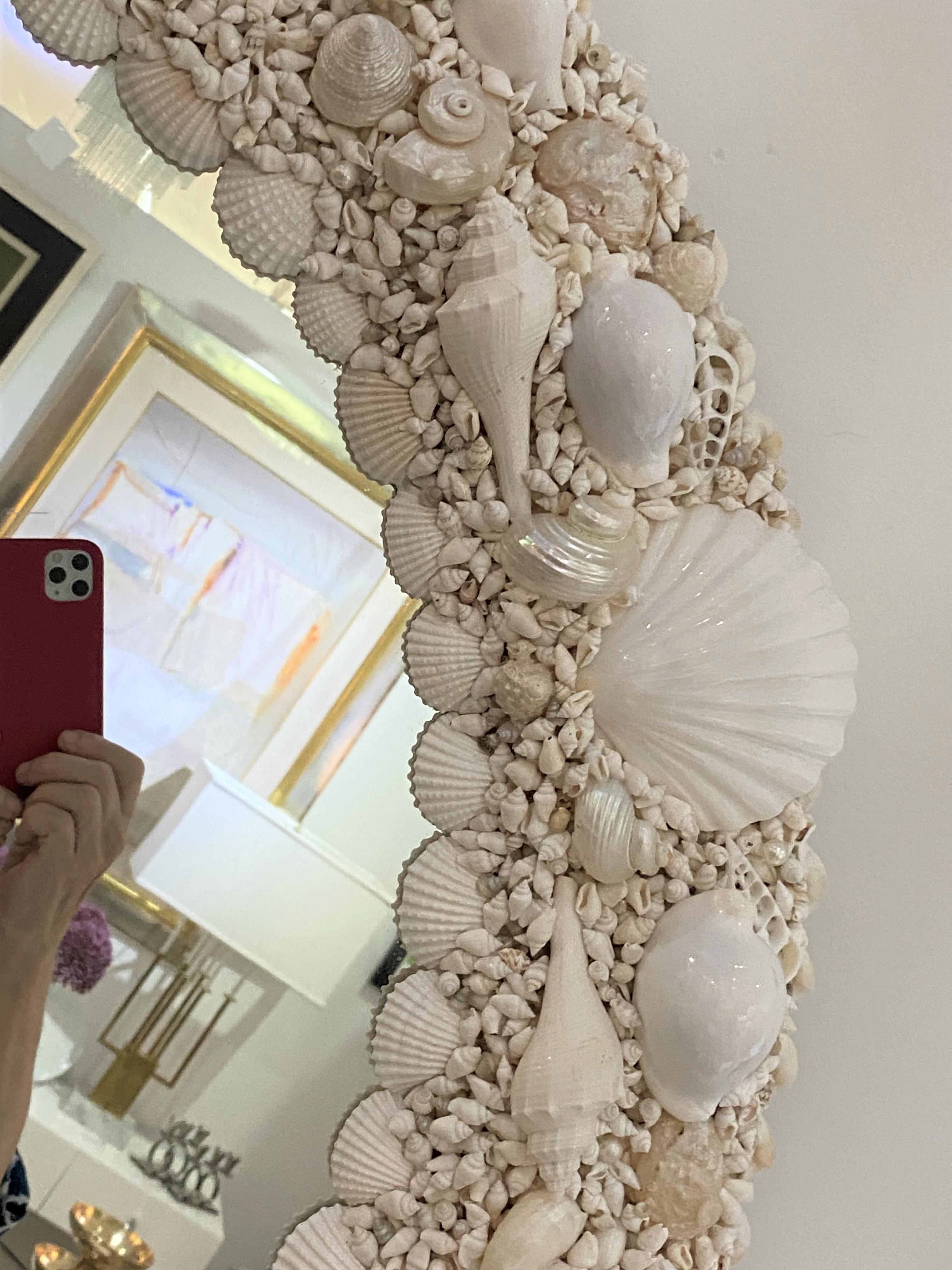 Modern White Seashell Encrusted Mirror by Iconic Snob Galeries