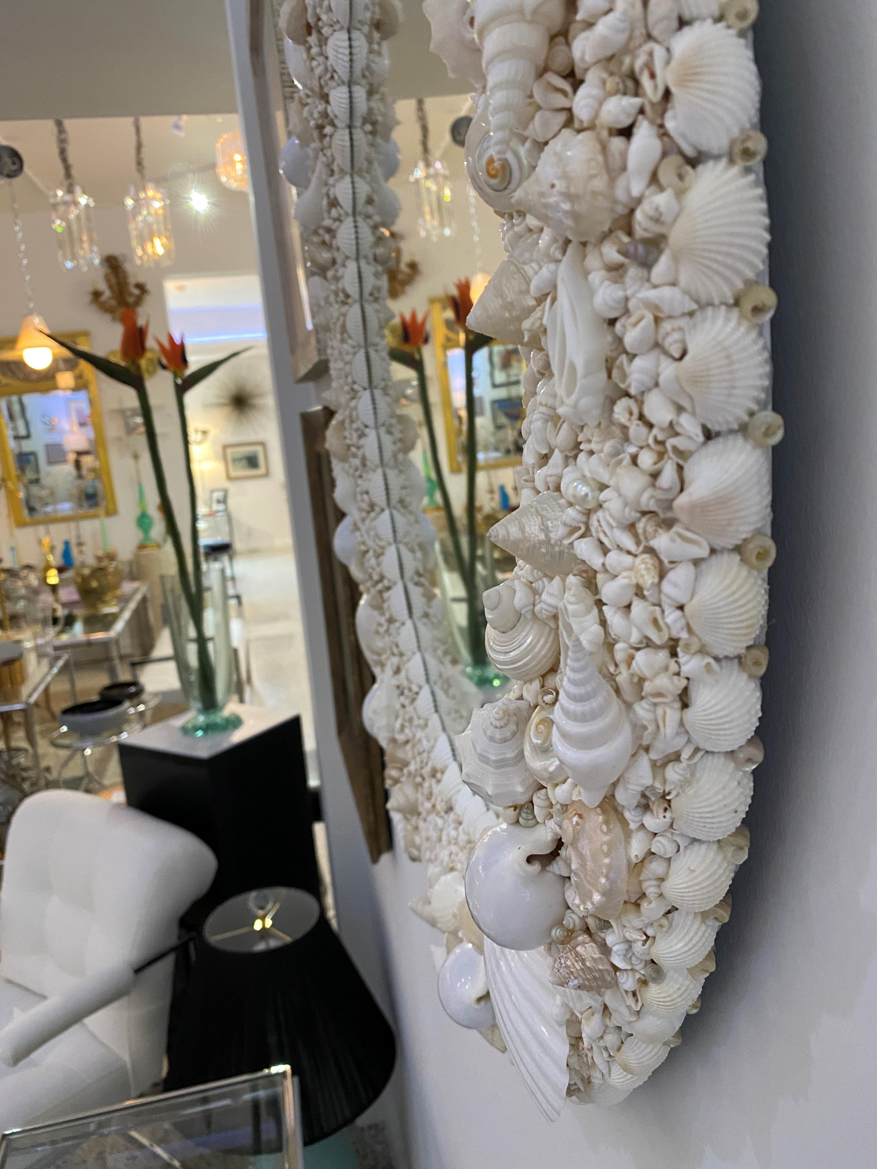 Hand-Crafted White Seashell Encrusted Mirror by Iconic Snob Galeries
