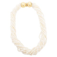 White Seed Pearl and Diamond 11 Strand Necklace with 18k Gold Clasp