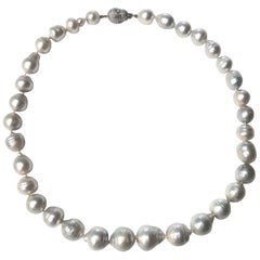 White Semi-Baroque South Sea Pearl Necklace with Pavé Diamond Clasp