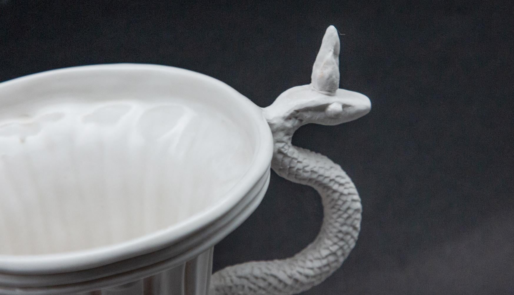 Contemporary White Serpent Chalice and Saucer, Oriel Harwood For Sale