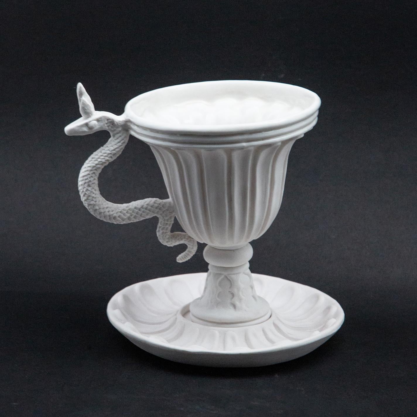 Ceramic White Serpent Chalice and Saucer, Oriel Harwood