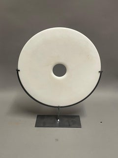 White Set Of Three Smooth Jade Discs On Stands, China, Contemporary