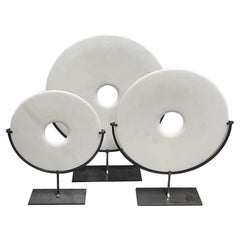 White Set Of Three Smooth Jade Discs On Stands, China, Contemporary
