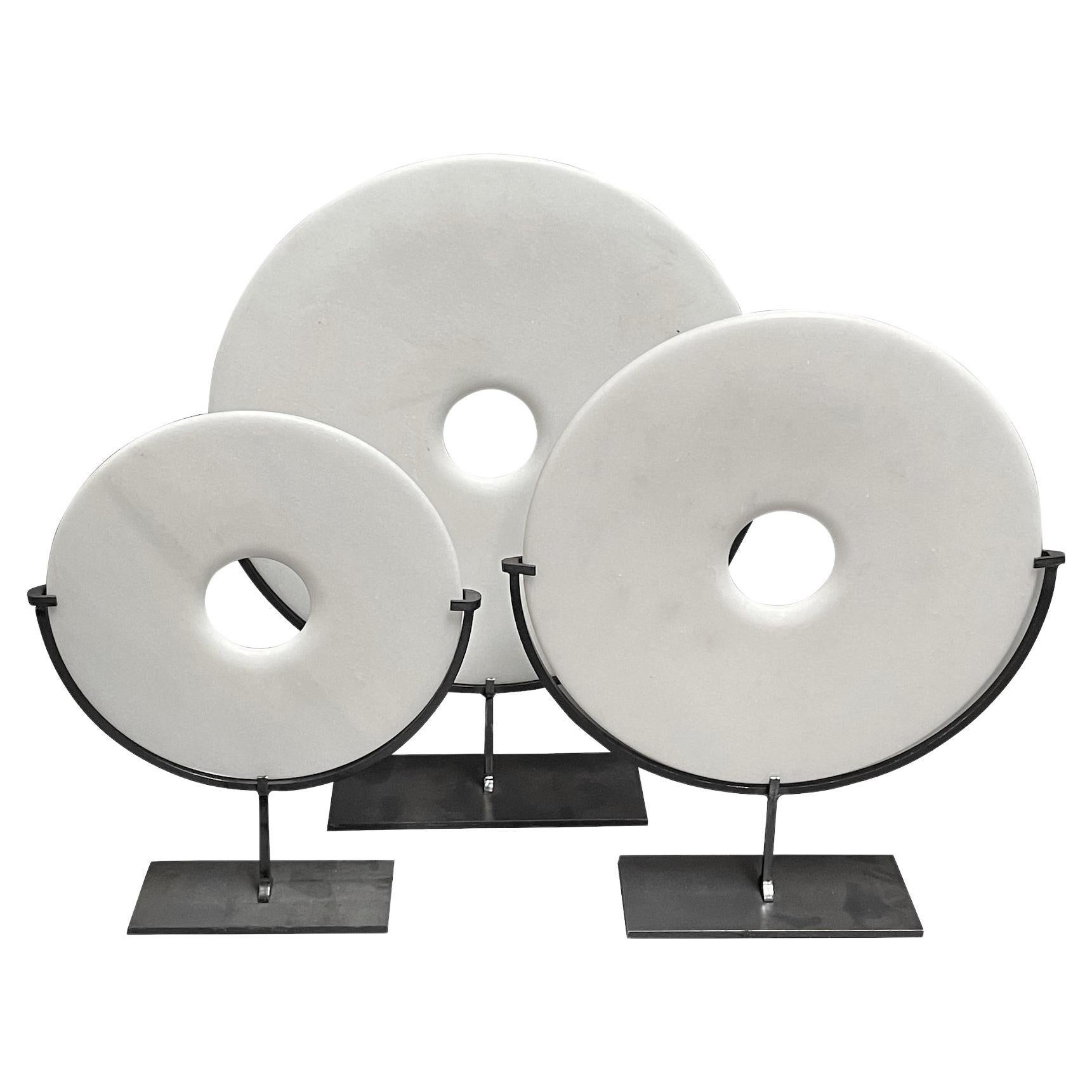 White Set Of Three Smooth Jade Discs On Stands, China, Contemporary For Sale