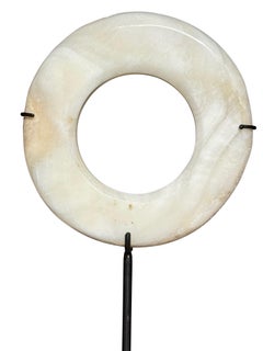 White Set Of Three Stone Discs On Metal Stands, Indonesia, Contemporary