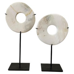 White Set Of Two Distressed Shell Disc Sculptures, Indonesia, Contemporary