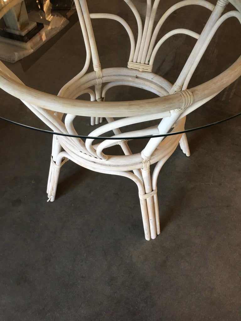 White Shabby Chic Rattan Round Glass Top Dining Table for Four People