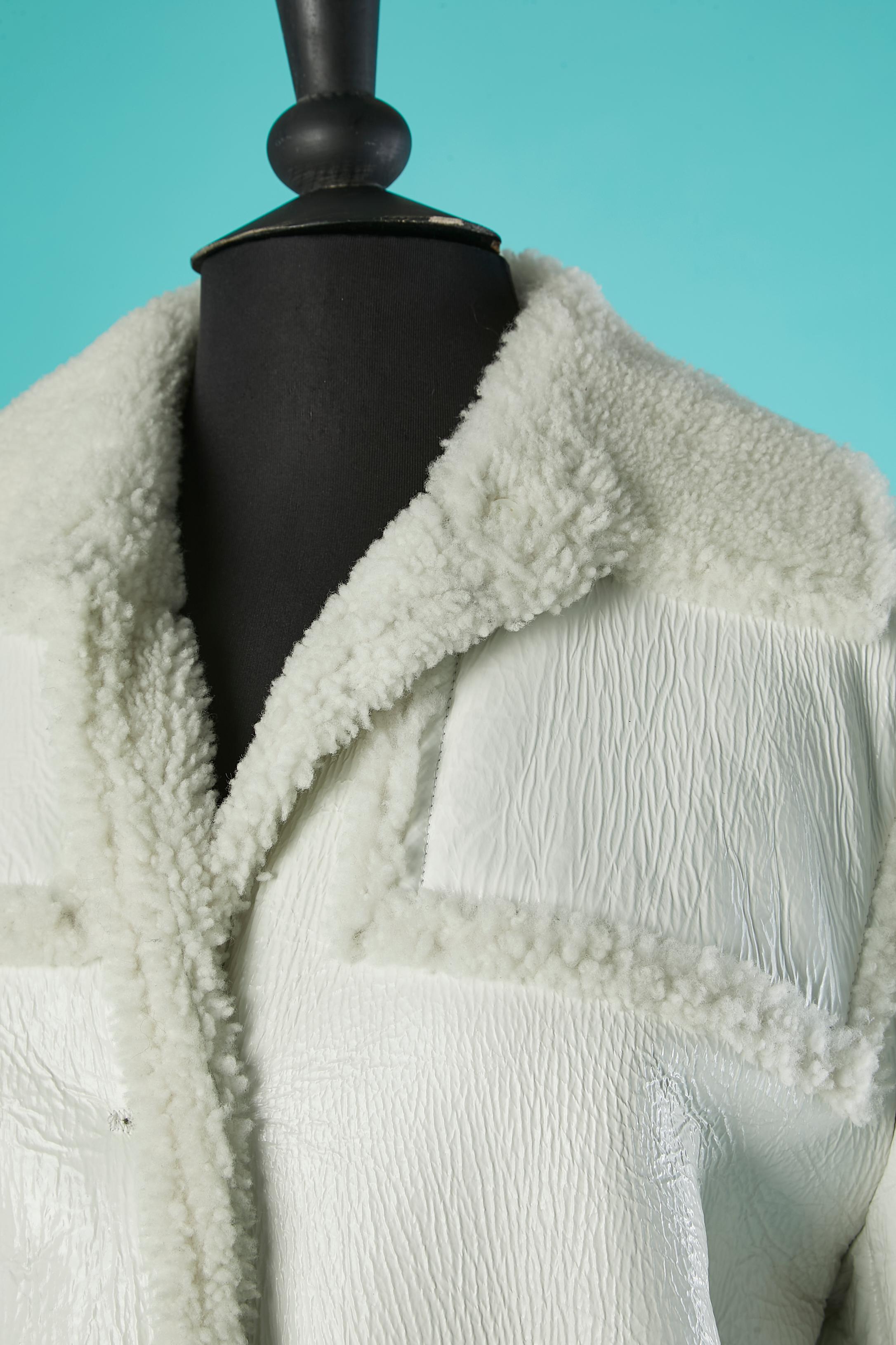 Gray White shearling and patten leather single-breasted coat Chanel