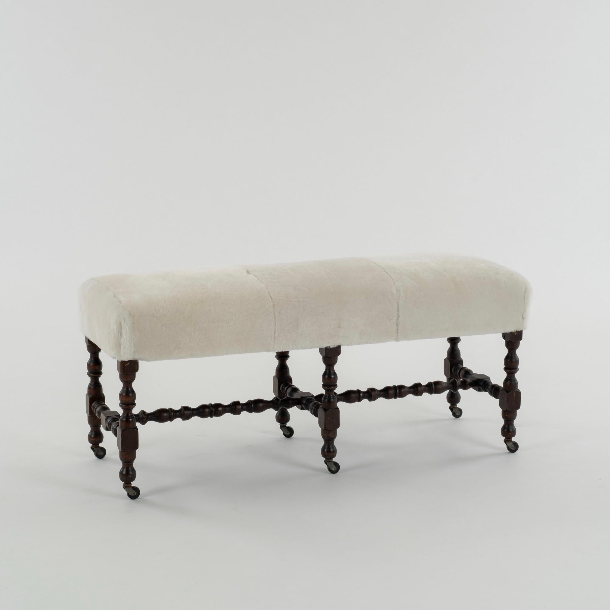 Wood White Sheepskin Louis XIII Style Bench For Sale