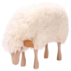 White Sheepskin with Beechwood and Leather Handmade, Small Grazing Sheep