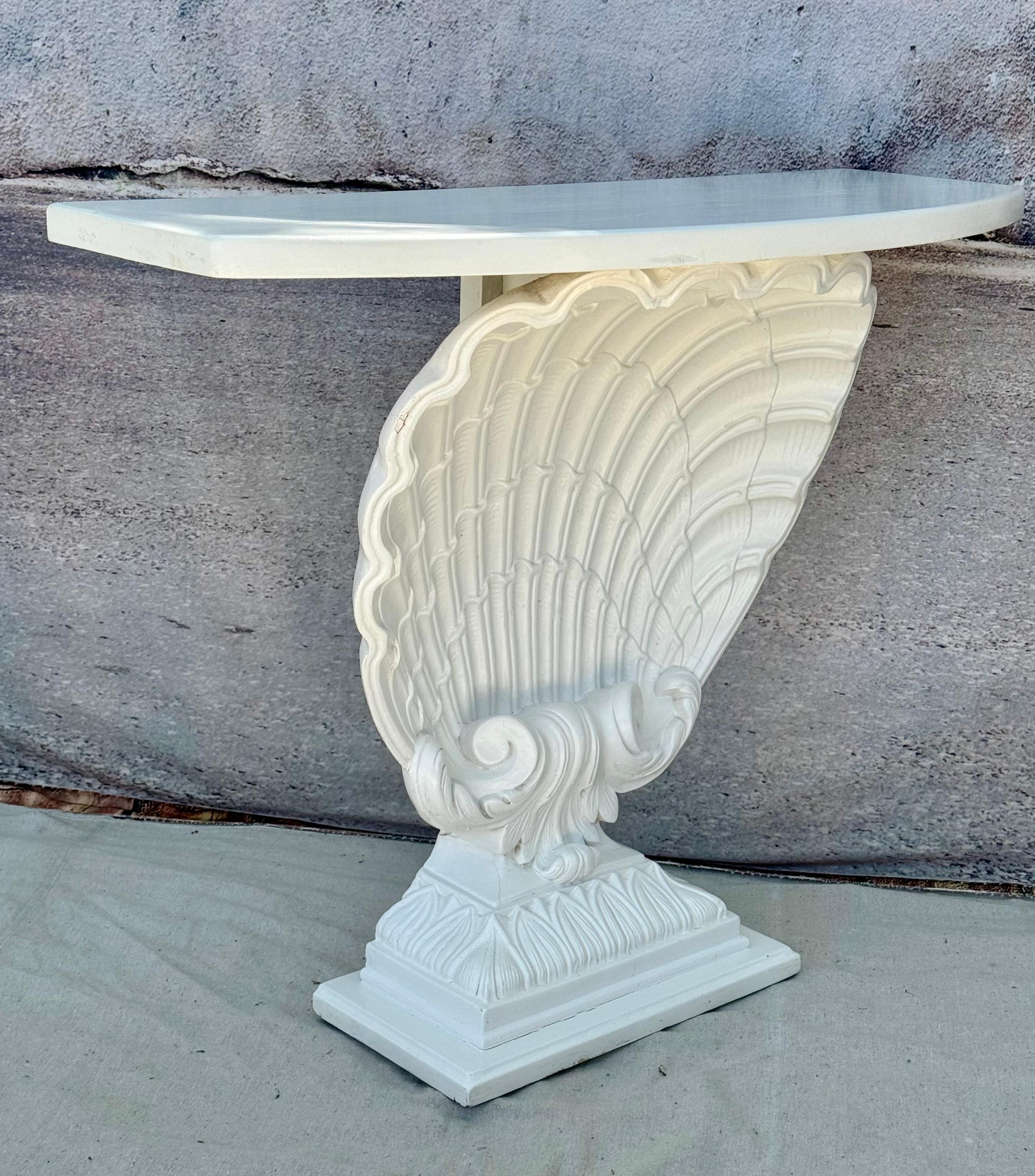 Wood White Shell Form Hollywood Regency Console Table