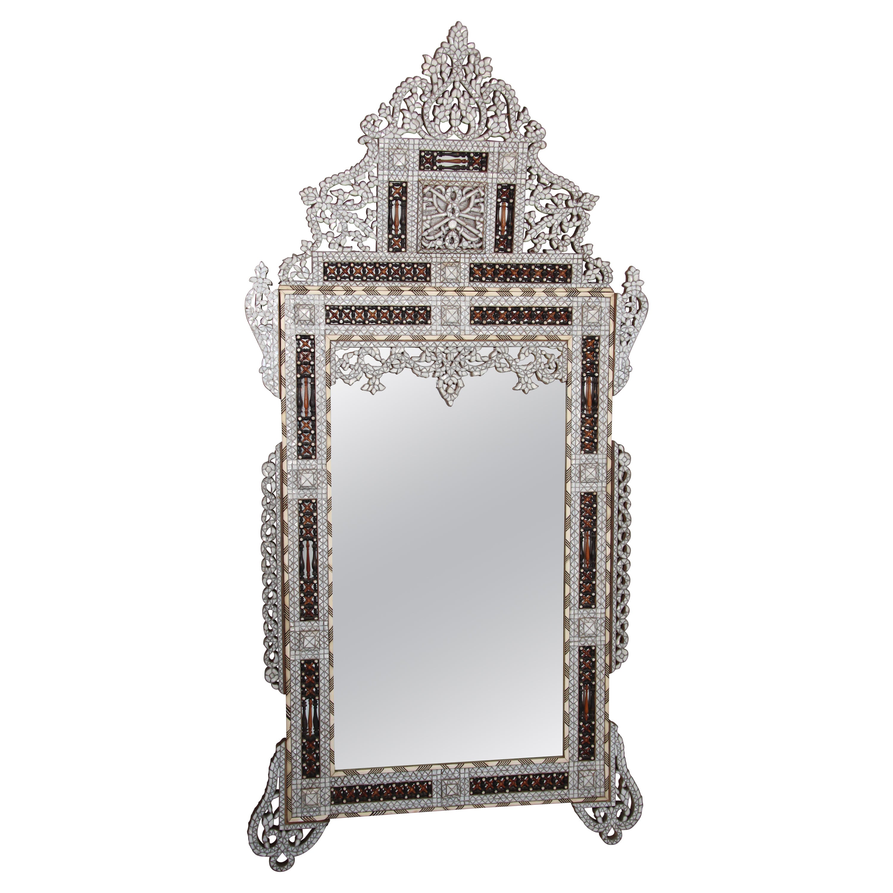 White Shell Inlaid Antique Middle Eastern Damascene Syrian Mirror 66"