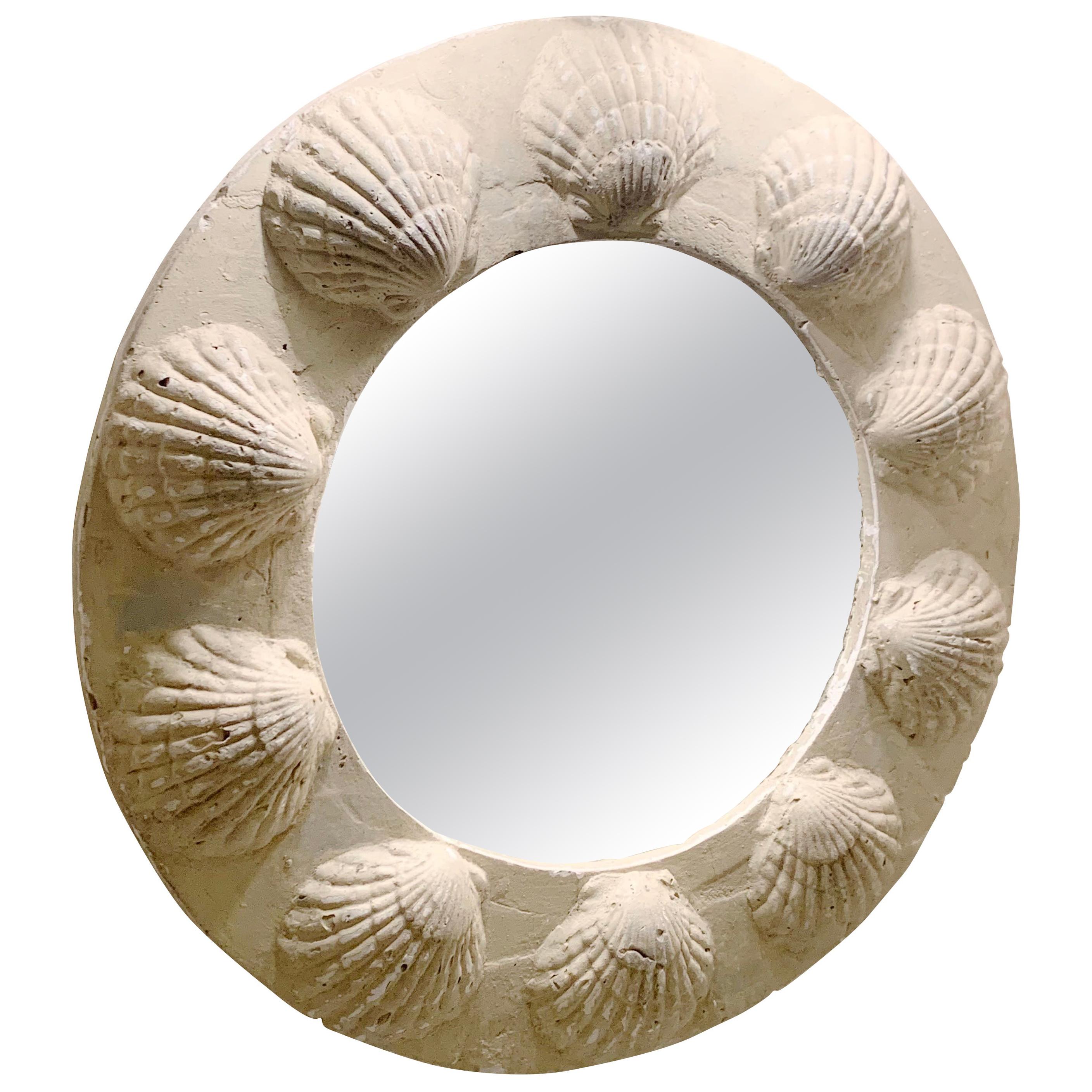 White Shell Motif Round Plaster Frame Mirror, France, Midcentury