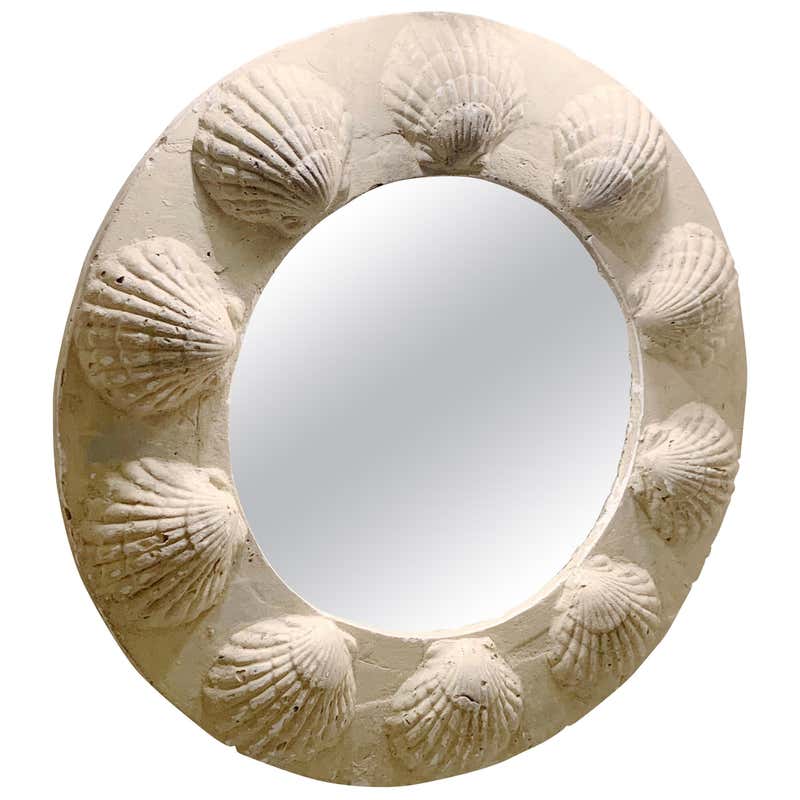 White Shell Motif Round Plaster Frame Mirror, France, Midcentury at 1stDibs