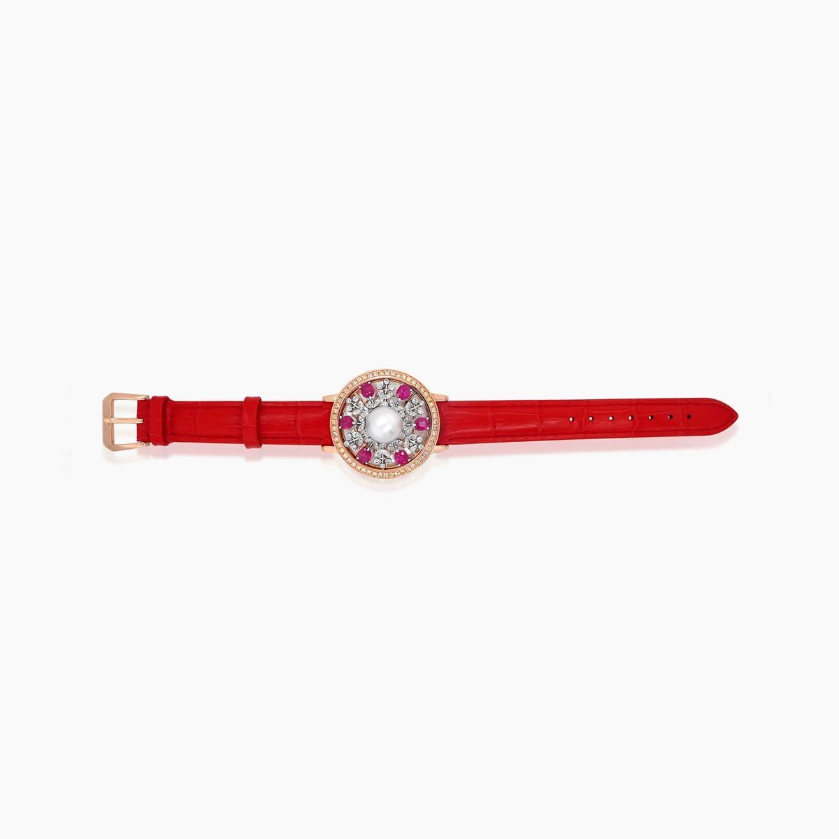 White Shell Pearl Fancy Diamond Ruby White Diamond 18K Rose Watch Dial Bracelet In New Condition For Sale In Oakton, VA