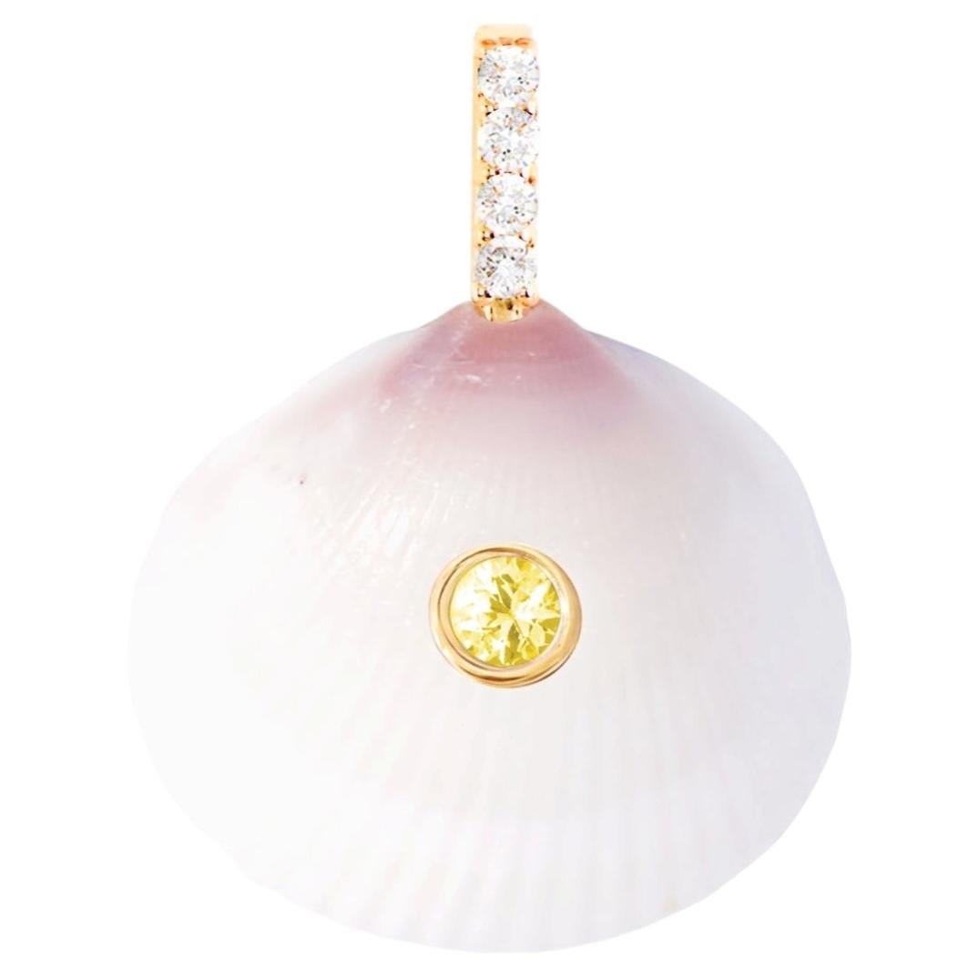 White Shell Pendant with Natural Diamonds and Yellow Sapphire