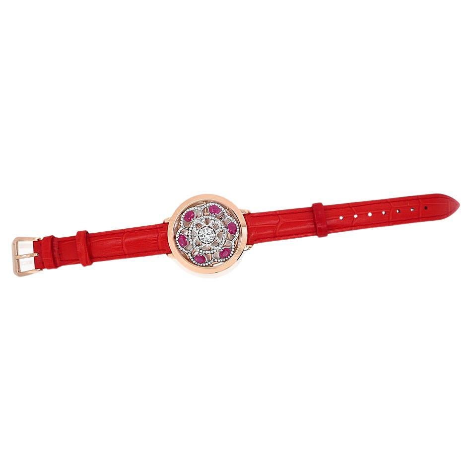 Weiße Muschel Rubin & Diamant 18K Rose Gold Uhr Zifferblatt Lederarmband