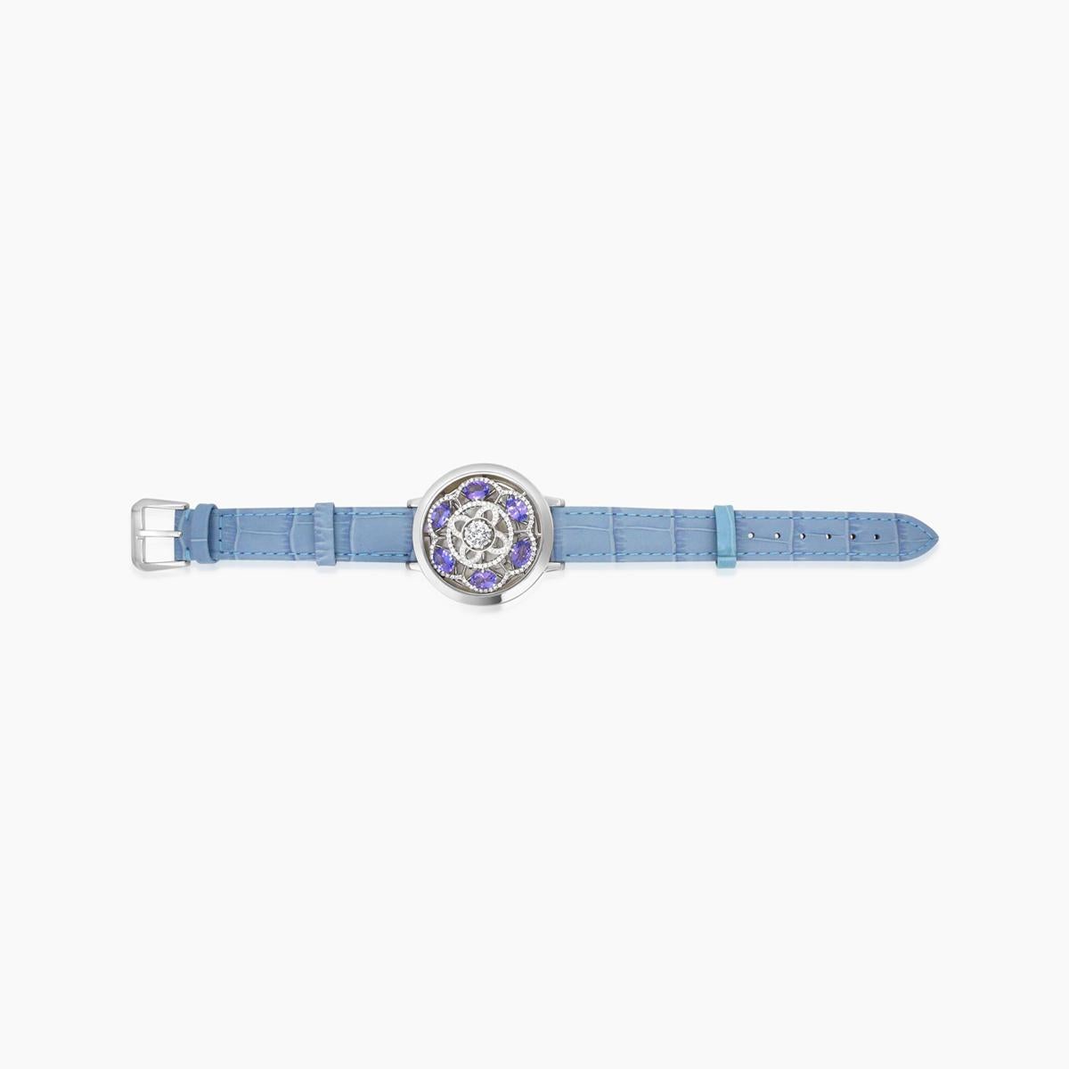 Whiting Shell Tanzanite & Diamond Bracciale in pelle con quadrante in oro bianco 18 carati In condizioni Nuovo in vendita a Oakton, VA
