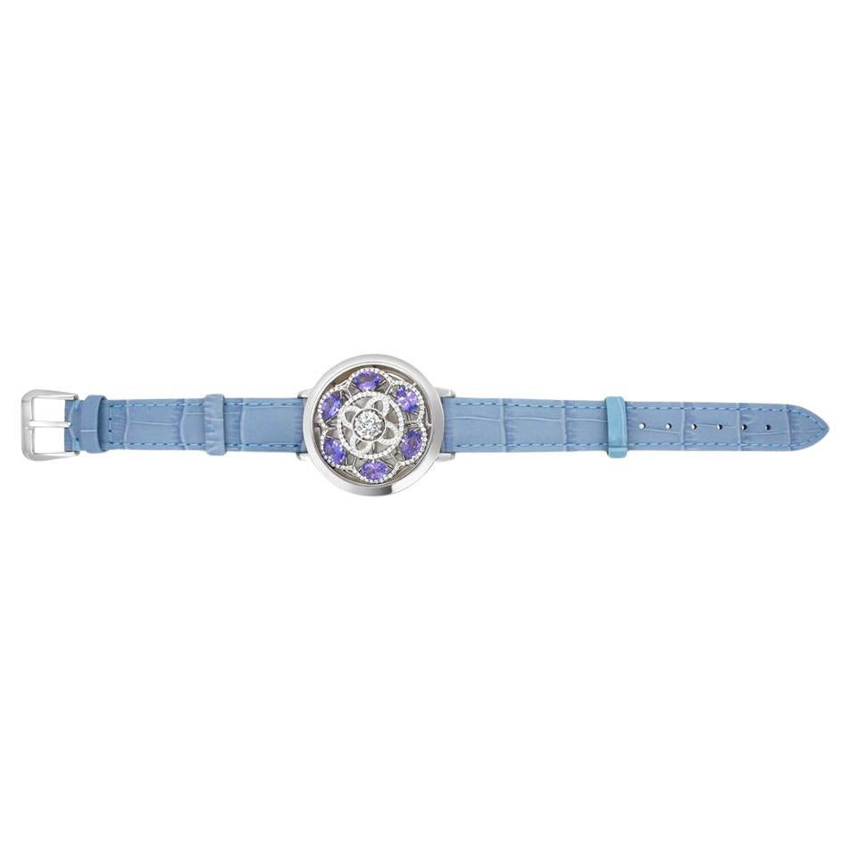 Weiße Muschel Tansanit & Diamant 18K Weißgold Uhr Zifferblatt Lederarmband