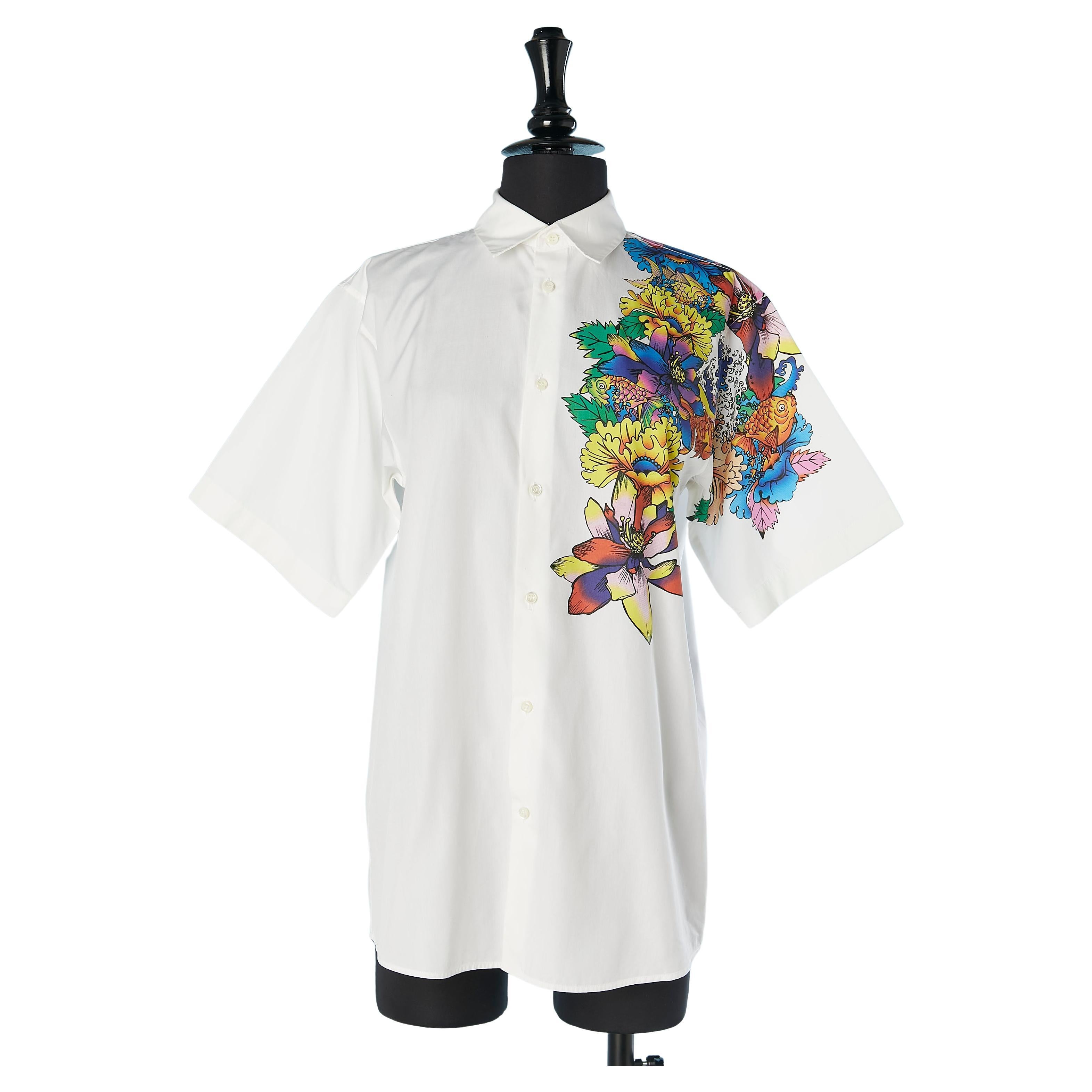 White short sleeve cotton shirt with print Dsquared2 For Sale