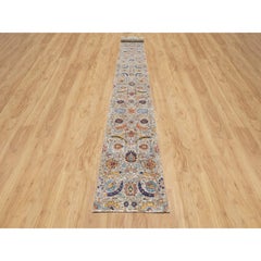 White Sickle Leaf Hand Knotted Silk and Wool Oriental XL Runner Rug 2'7"x23'10"