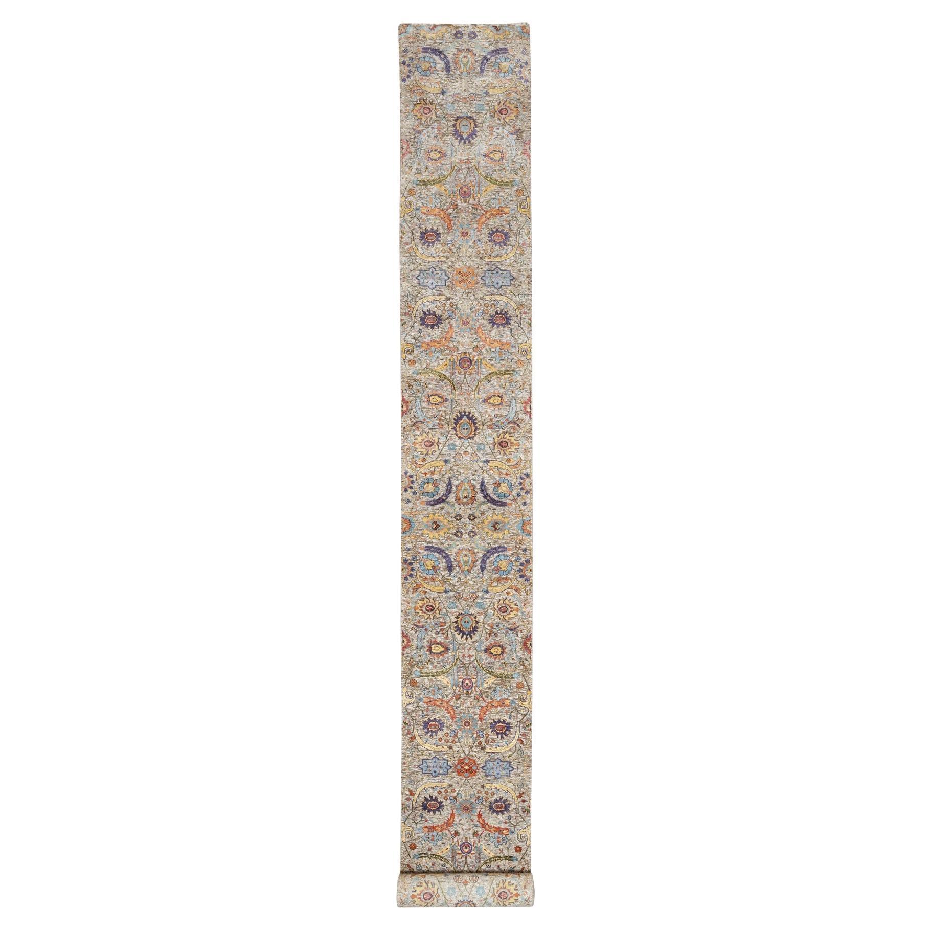 White Sickle Leaf Hand Knotted Silk and Wool Oriental XL Runner Rug 2'7"x23'10"