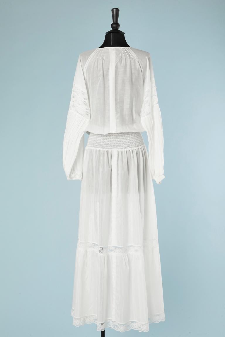 White silk and cotton long romantic dress with lace inlays Roberto Cavalli Class For Sale 2