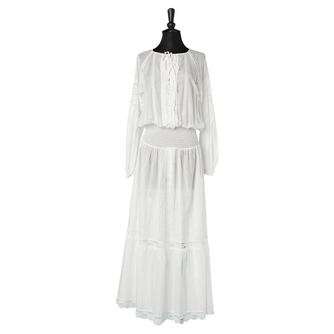White silk and cotton long romantic dress with lace inlays Roberto Cavalli Class For Sale