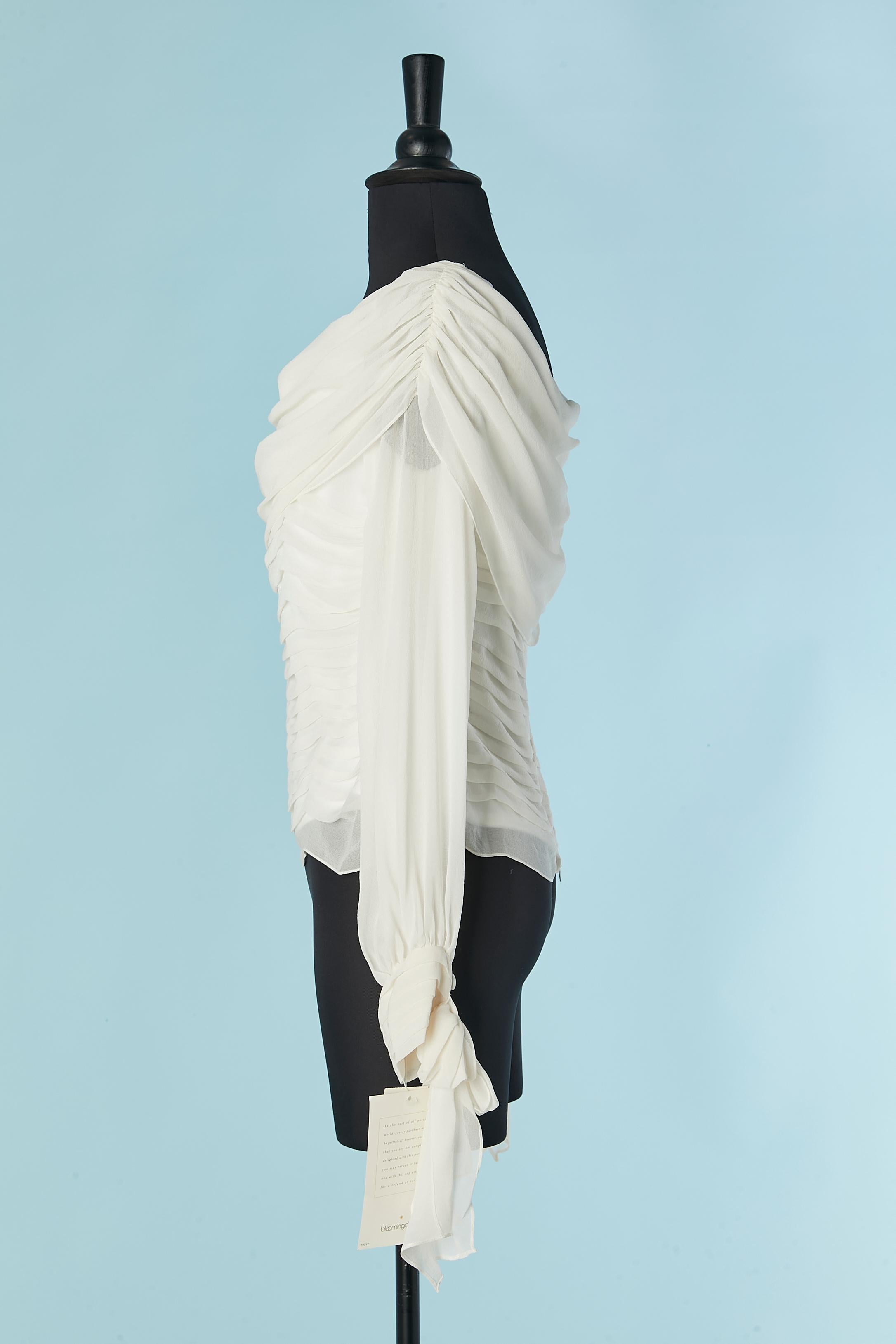 White silk chiffon top pleated and draped TADASHI New In New Condition For Sale In Saint-Ouen-Sur-Seine, FR